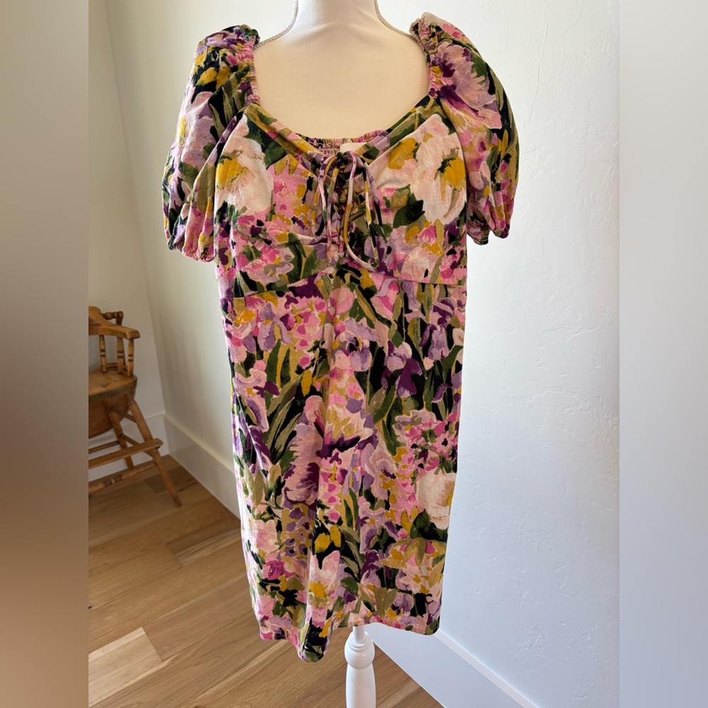 H&M Dress sz S Womens Pastel Floral Print Puff Sleeve Smocked Back Milk Maid Tie